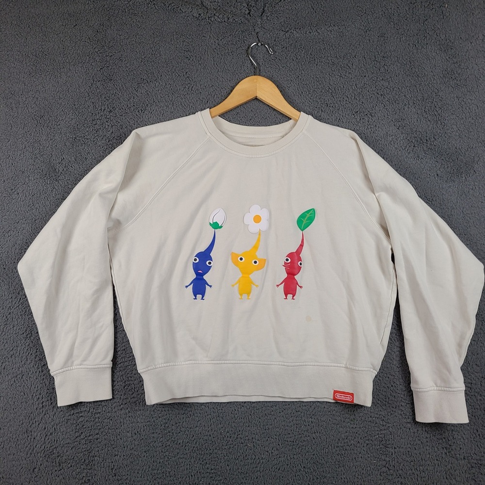 Nintendo Pikmin Sweatshirt Womens XL Cream Cotton Raglan Pullover Graphic Crew